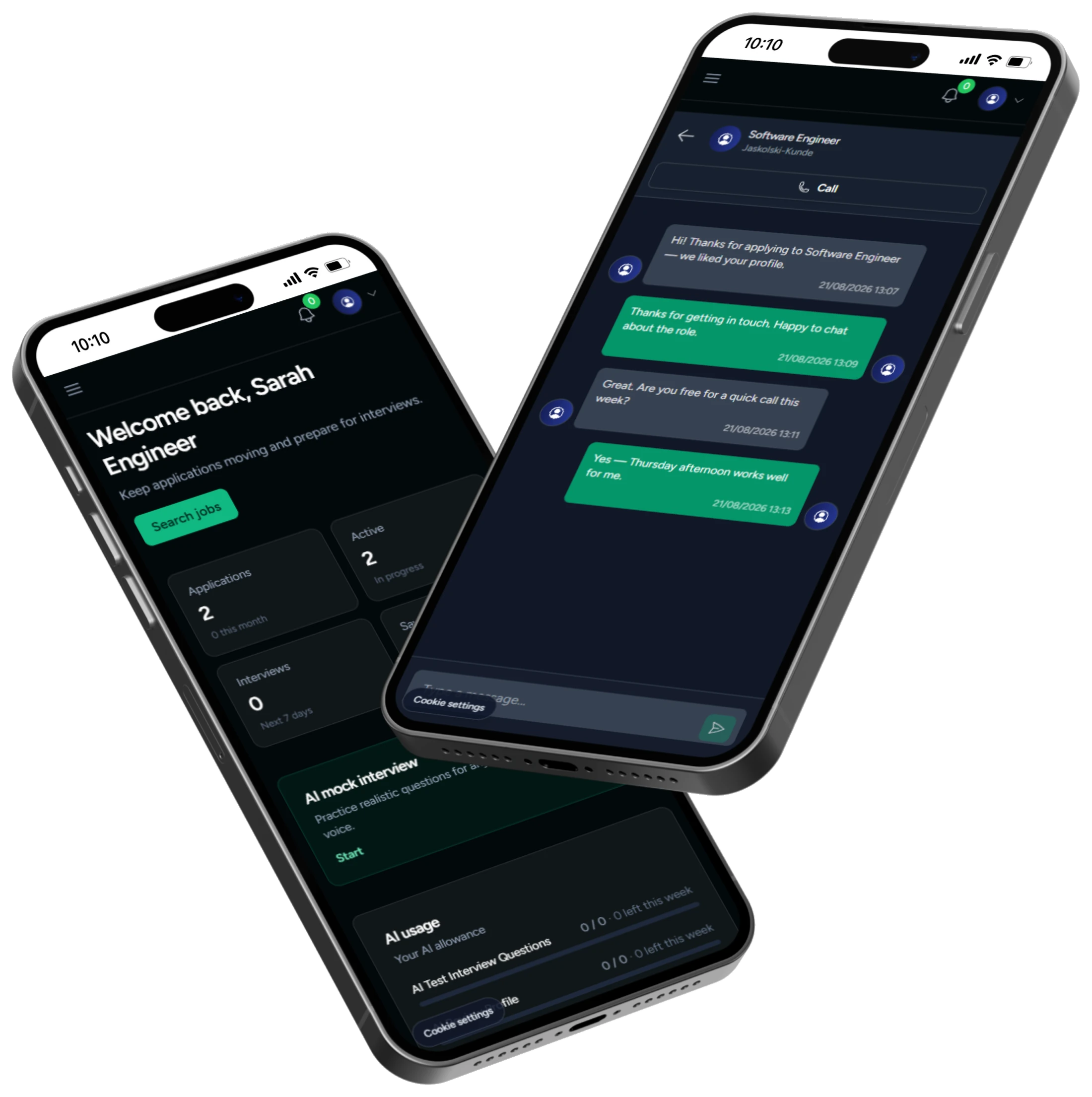 Job Near Me on two phones, showing a candidate dashboard and a hiring conversation