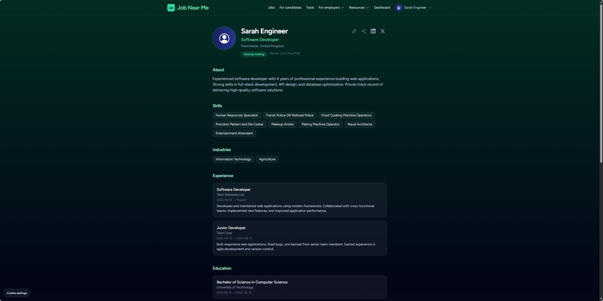 Public digital CV showing experience, skills, education, and actively looking status